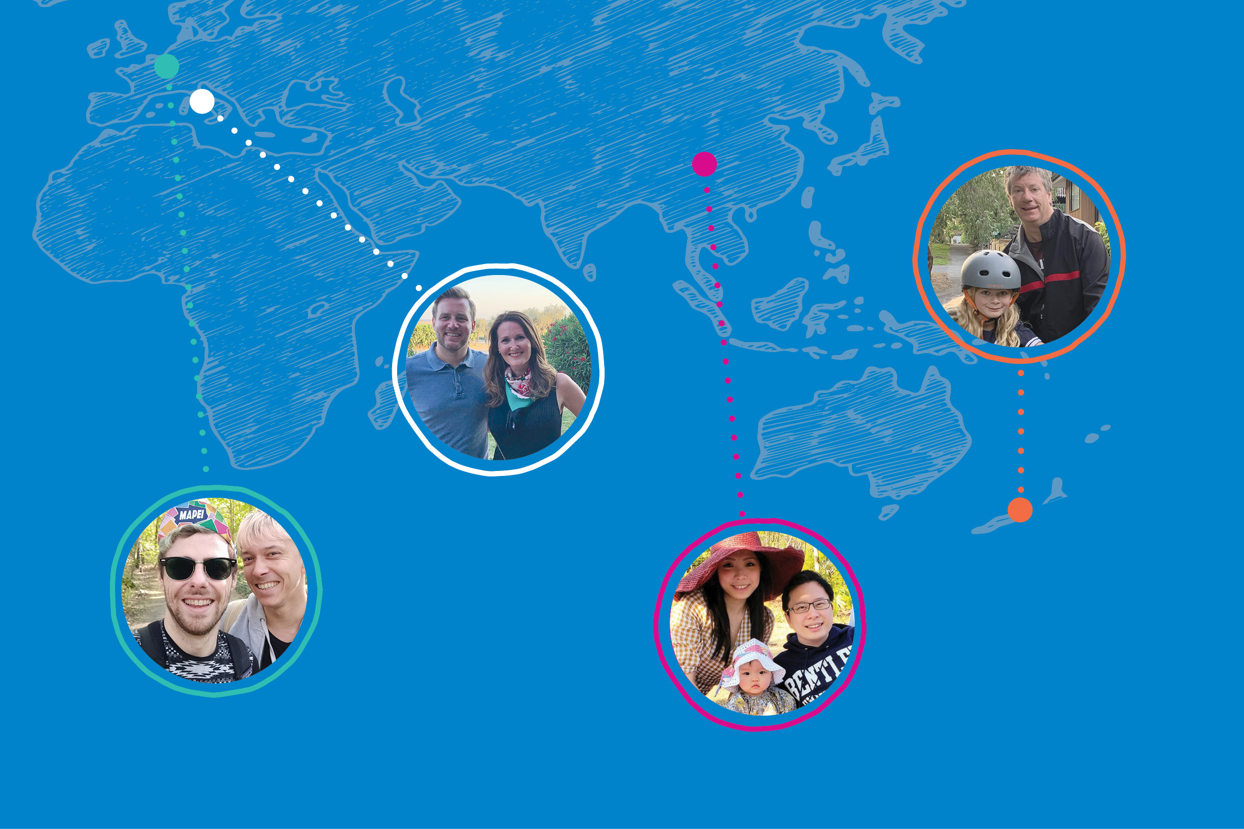 Photos of Bentley alumni on a world map graphic 