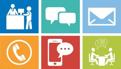 6 icons showing contact methods - visit, chat, email, call, text, meet