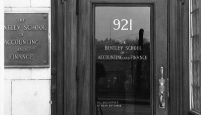 photo from the Bentley Archives of the doorway Bentley School of Accounting and Finance at 921 Boylston Street, Boston