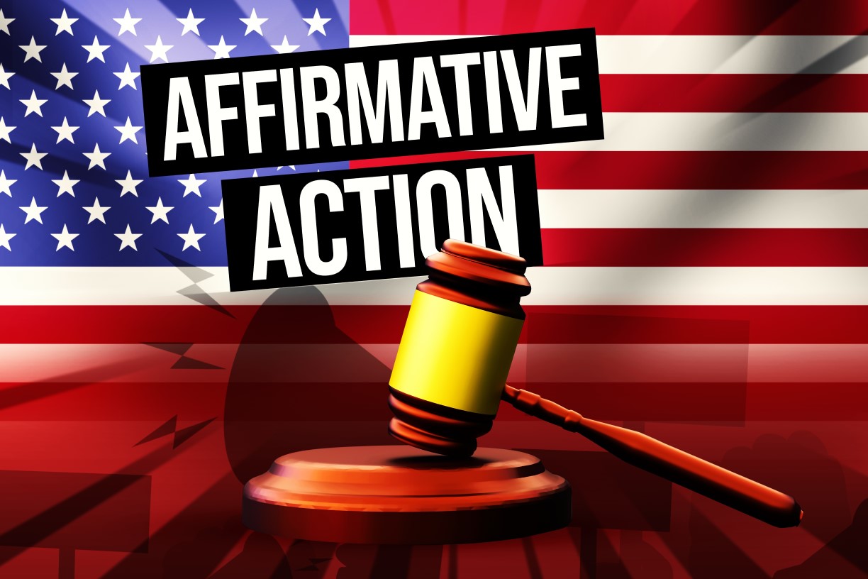 Graphic showing gavel in front of an American flag emblazoned with the words "Affirmative Action."