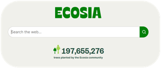 screenshot of search box from the Ecosia.org home page with text that reads 197,655,276 trees planted by the Ecosia community