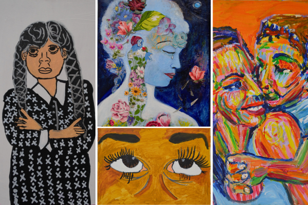 Collage of 4 portraits from the Face to Face exhibit by artists Betty Antoine, Julie Dapper, Emmanuel Preston and Susan Entin