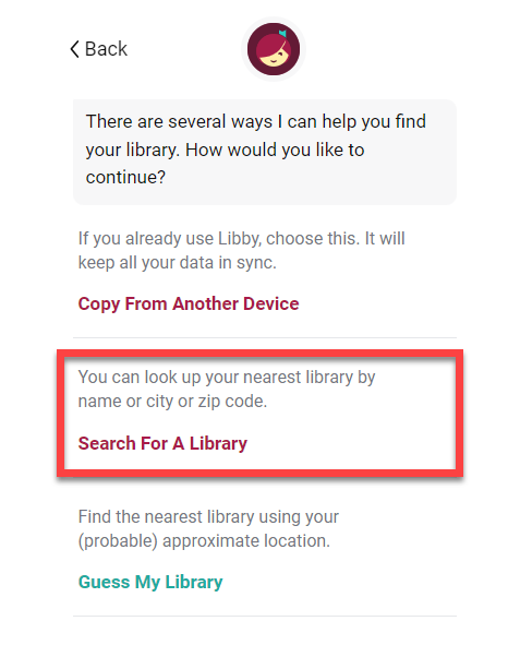 Image of the Libby app setup screen with the "Search For A Library" option highlighted.