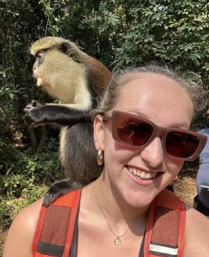 Selfie by Ali Sgambati with monkey perched on her shoulder