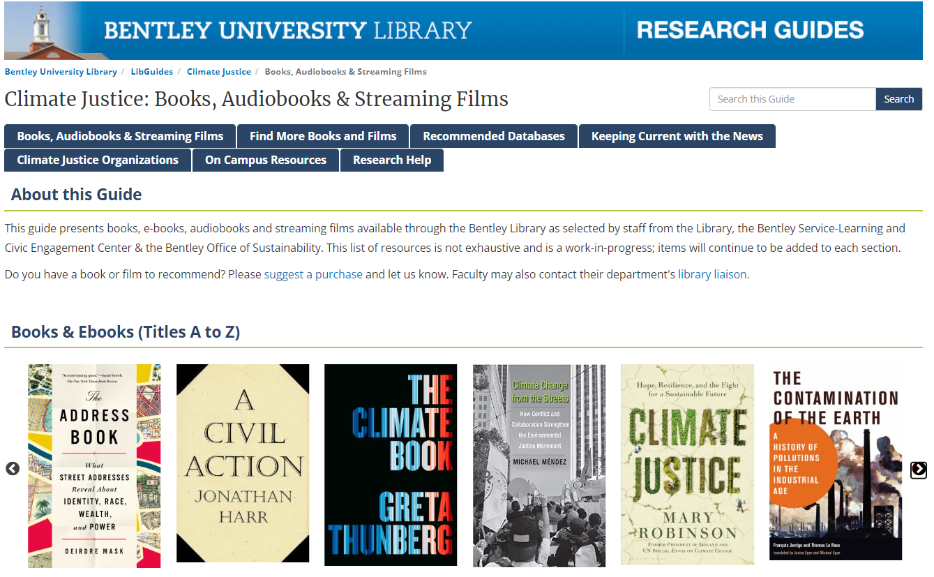 screenshot of the Climate Justice Research Guide landing page