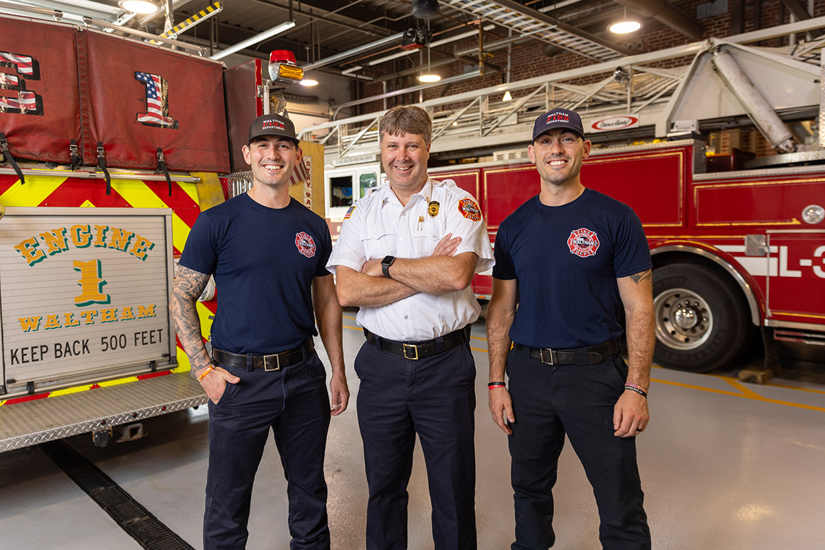 From left: Firefighter Steve Hopkins ’12, Chief Andrew “Randy” Mullin ’96, Lieutenant Don Hopkins ’12