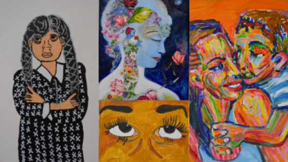 Collage of 4 portraits from the Face to Face exhibit by artists Betty Antoine, Julie Dapper, Emmanuel Preston and Susan Entin