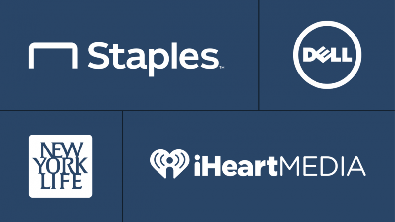 Logos for different companies: Staples, Dell, New York Life, and iHeartMedia