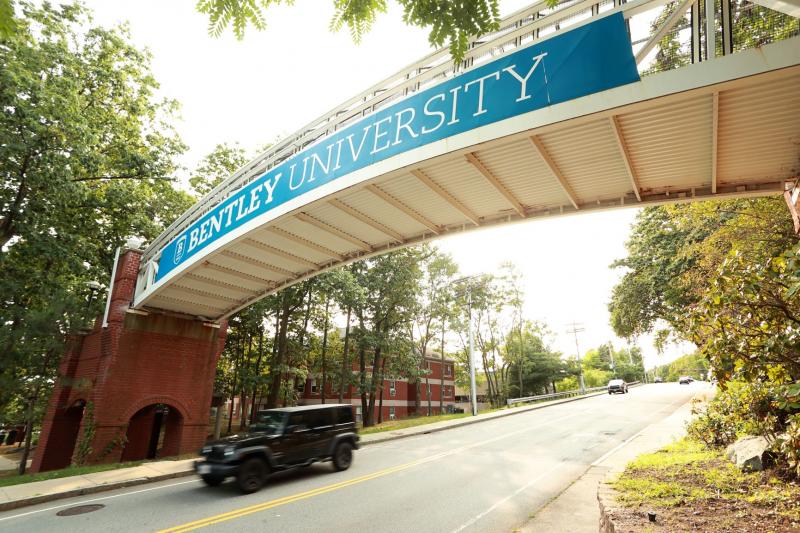Photo of the foot bridge on Bentley's campus