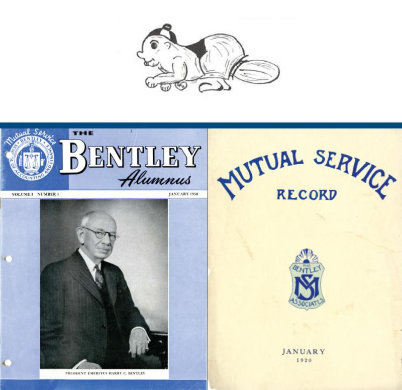 Old covers of Bentley magazines and the original beaver mascot