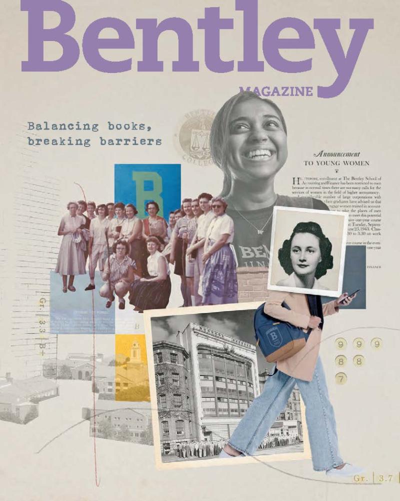 The cover of Bentley Magazine showing women throughout the university's history
