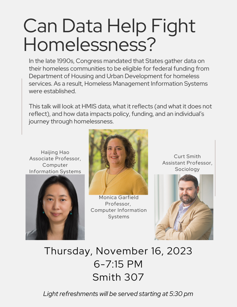 Flyer for event, including this information: Thursday, November 16, 2023, 7:00-7:15pm, Smith 307.  Light refreshments will be served starting at 5:30pm.