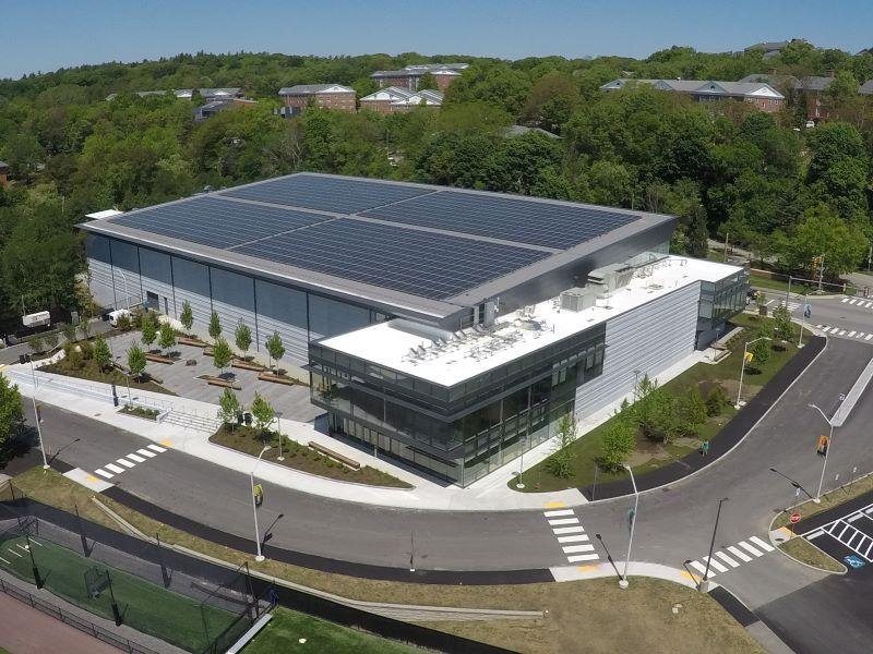 Overhead view of Bentley Arena - a sustainable ice skating rink using solar panels, heat reclamation, and more.