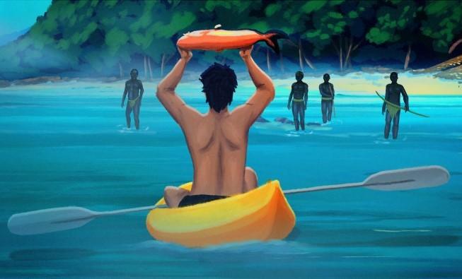 Illustration of a light-skinned, shirtless young man sitting in a yellow kayak and holding a large orange fish above his head. In front of him, standing ankle-deep in the turquoise waters that surround a sandy shore, are four dark-skinned men wearing green loincloths. 