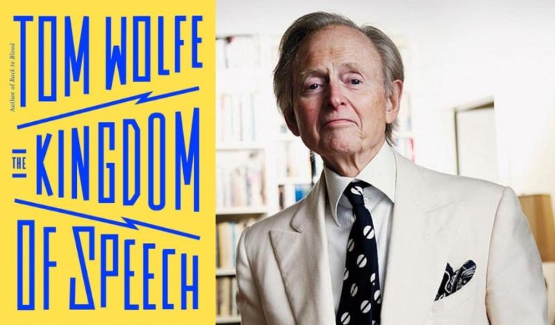 Composite photo featuring a photo of Tom Wolfe in his signature white suit and the cover of his book "The Kingdom of Speech."