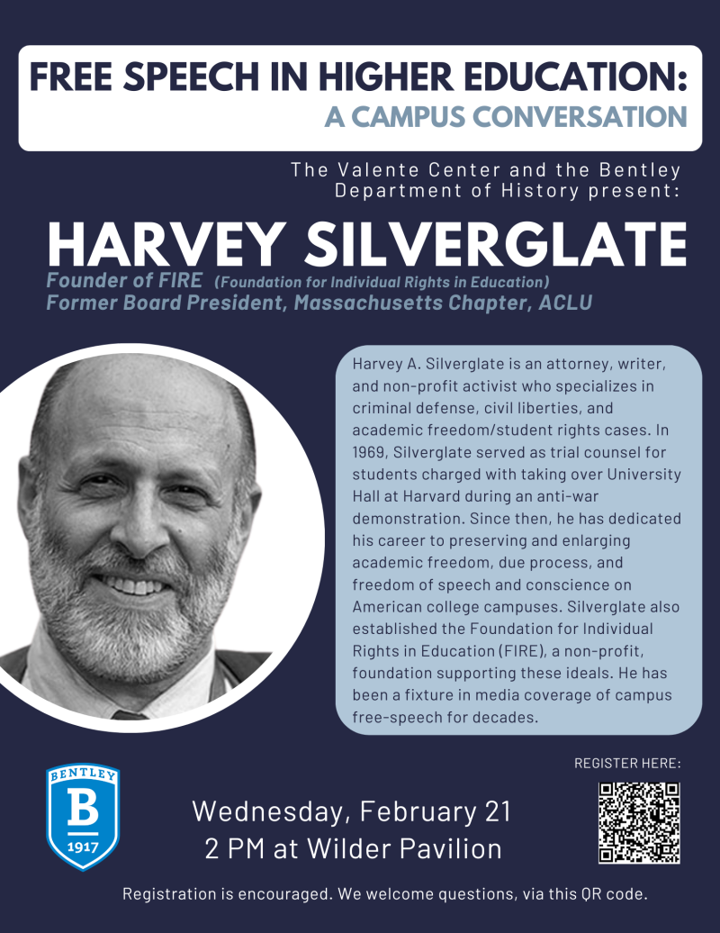 campus flyer - photo of Harvey Silverglate, bio, and event information