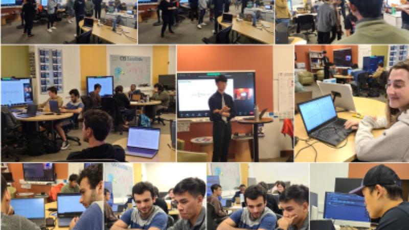 Collage of Bentley students collaborating at an AI Workshop